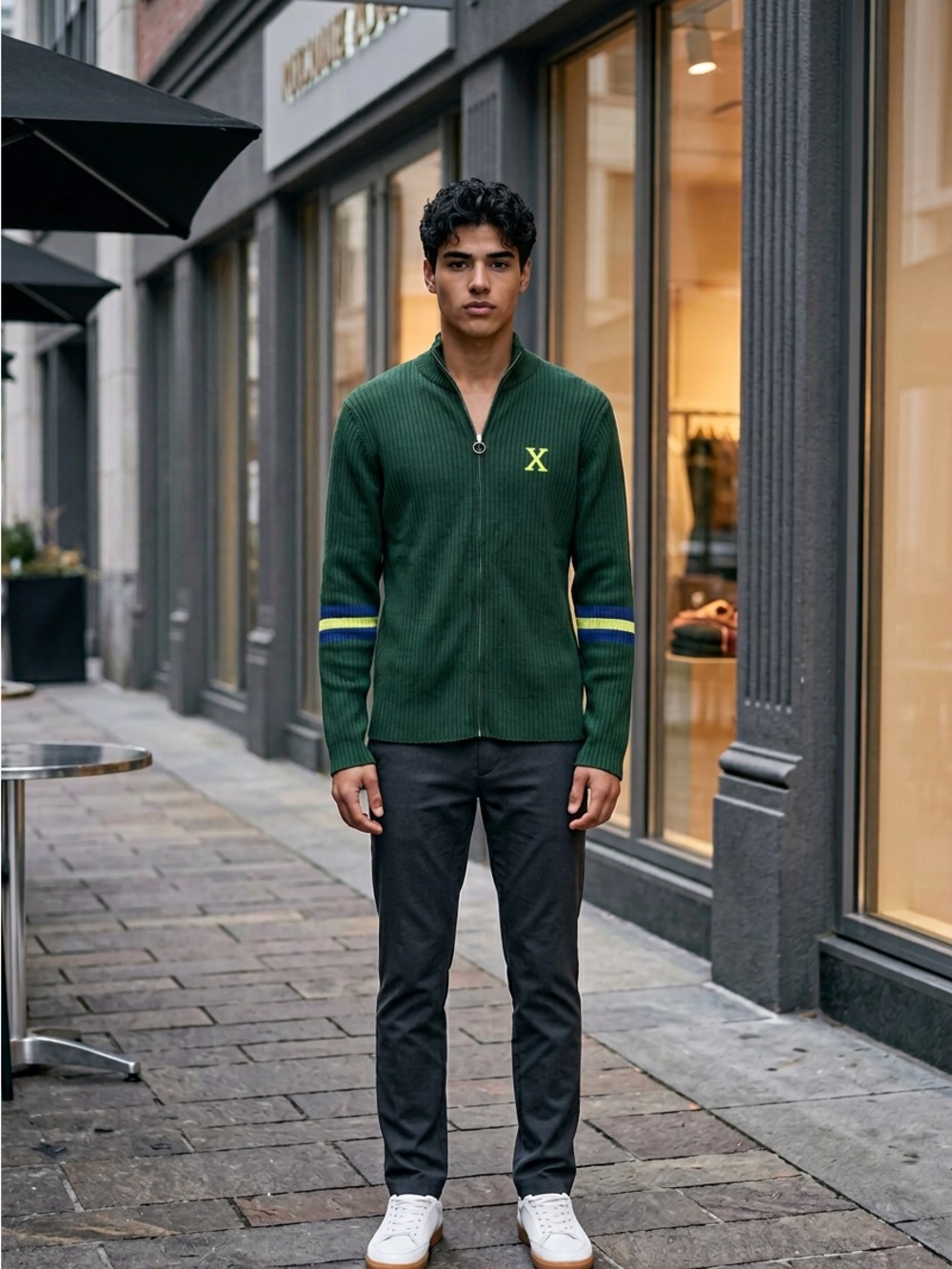 Savage X Fenty Men’s Green Zip-Up Ribbed Sweater with Yellow X